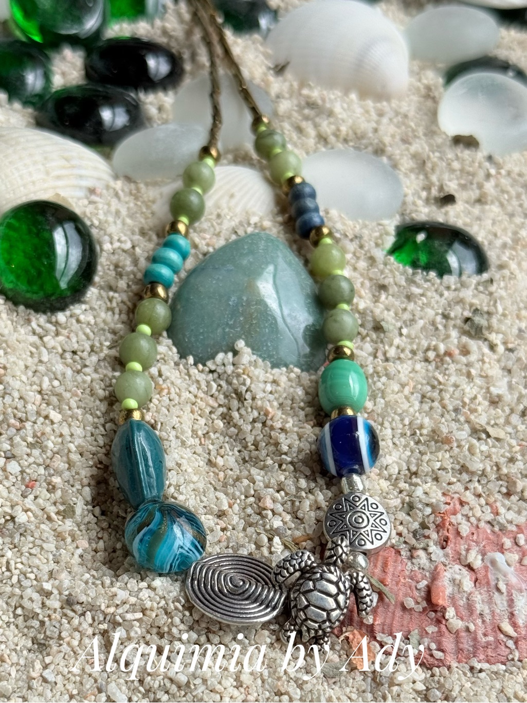 Jade Teal, Aqua & Green Beaded Necklace With Sea Turtle Charm